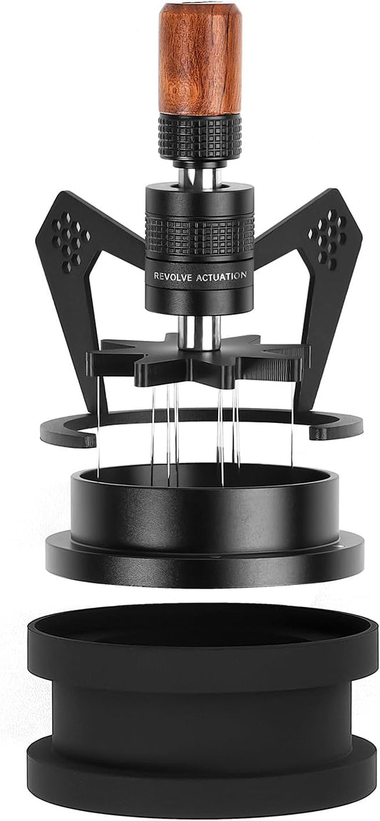 IKAPE Mantis WDT Distribution Tool, V3-58.5mm Espresso Stirrer Distribution Tool for Barista - 8 Needle Espresso Stirrer with Dosing Funnel & Stand, Adjustable Needle Height, Walnut Handle