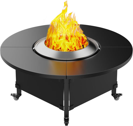 Fire Pit Surround Tabletop for Solo Stove Bonfire,Foldable Surround Table with Wheels for Safety & Easy Clean,42" Powder-Coated Steel Wood Burning Stove Surround Table Top,Accessories for Solo Stove