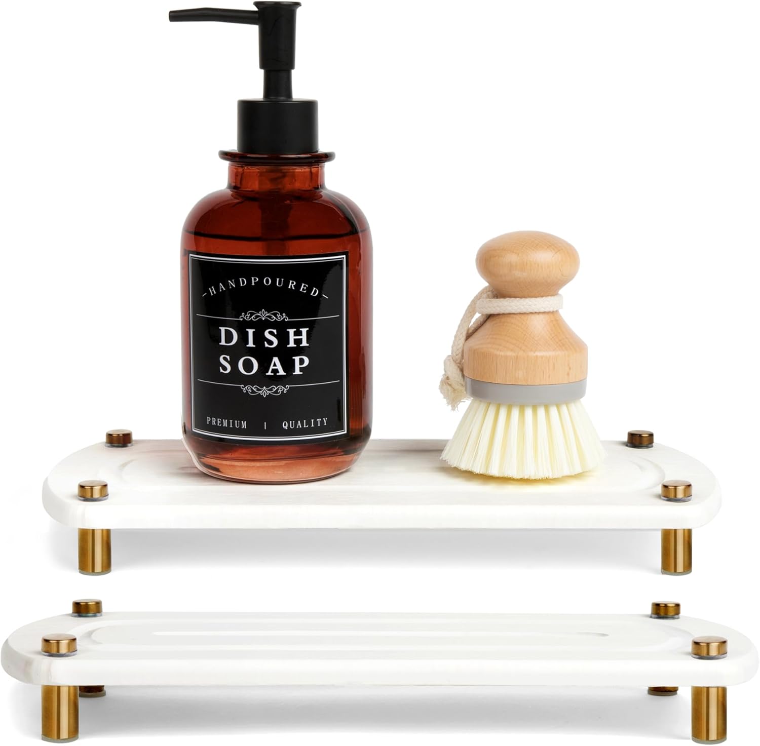 TWINKLE MOMENT 2PCS Instant Dry Sink Caddy Organizer, Fast Drying Sponge and Soap Dispenser Holder for Kitchen and Bathroom Countertop, Stainless Steel Feet, and Non Slip Bottom Pure White