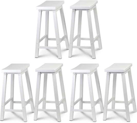 PJ Wood Classic Saddle-Seat 24" Tall Kitchen Counter Stools for Homes, Dining Spaces, and Bars w\/Backless Seats, 4 Square Legs, White (6 Pack)