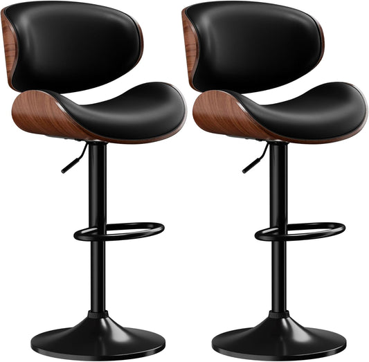 Aowos Bar Stools Set of 2, Adjustable Swivel Leather Bar Stools for Kitchen Island, Mid Century Modern Counter Height Bar Chairs Barstools with Back & Footrest (Black)