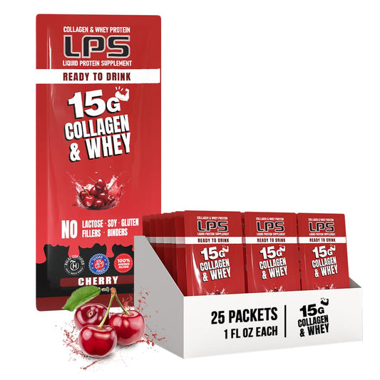 Nutritional Designs LPS Liquid Collagen & Whey Protein Supplement - Non-GMO Drink, Sugar-Free - Promotes Healthy Skin & Hair for Men & Women, Cherry, Single Serve (25 Packets)