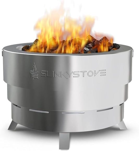 Slinky Stove Smokeless Fire Pit for Outdoor Wood-Burning - 23-Inch Patented Collapsible Firepit with Cooking Grill - Portable Stainless Steel Solo Pit for Camping, Backyard, Patio Bonfires