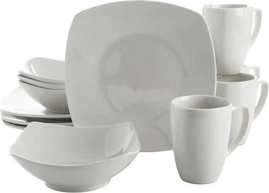 Gibson Home Amelia Court Porcelain Chip and Scratch Resistant Dinnerware set, Service for 4 (12pcs), White (Soft Square)