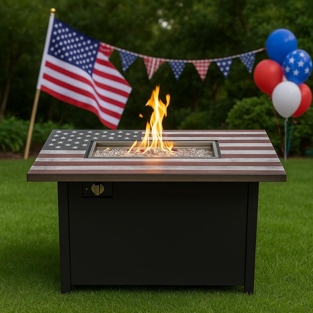 Outdoor USA Commemorative Memorial American Flag - 40 Inch Stainless Steel 50,000 BTU Propane Propane Patio Firetable
