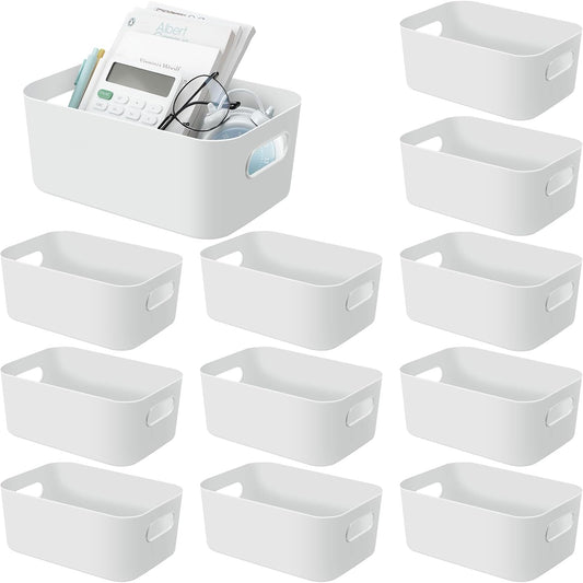 Geetery 12 Pieces Plastic Storage Bins Basket with Handles Toy Organizers and Storage Bins for Home Cupboard Kitchen Bathroom Office Pantry Organization(9.6 X 6.3 X 3.9 Inch,White)
