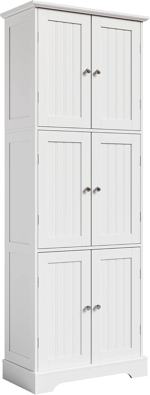 ChooChoo Tall Bathroom Storage Cabinet with 6 Doors, Freestanding Floor Cabinet with Adjustable Shelves, White Pantry Cabinet for Bathroom, Kitchen, Laundry Room