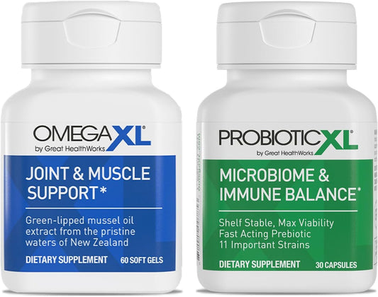 OmegaXL Powerful Joint and Muscle Support Supplement (60 Count) & Probiotic XL - PreforPro, DE111, Shelf Stable - Promote Healthy Gut Flora Growth (30 Veggie caps)