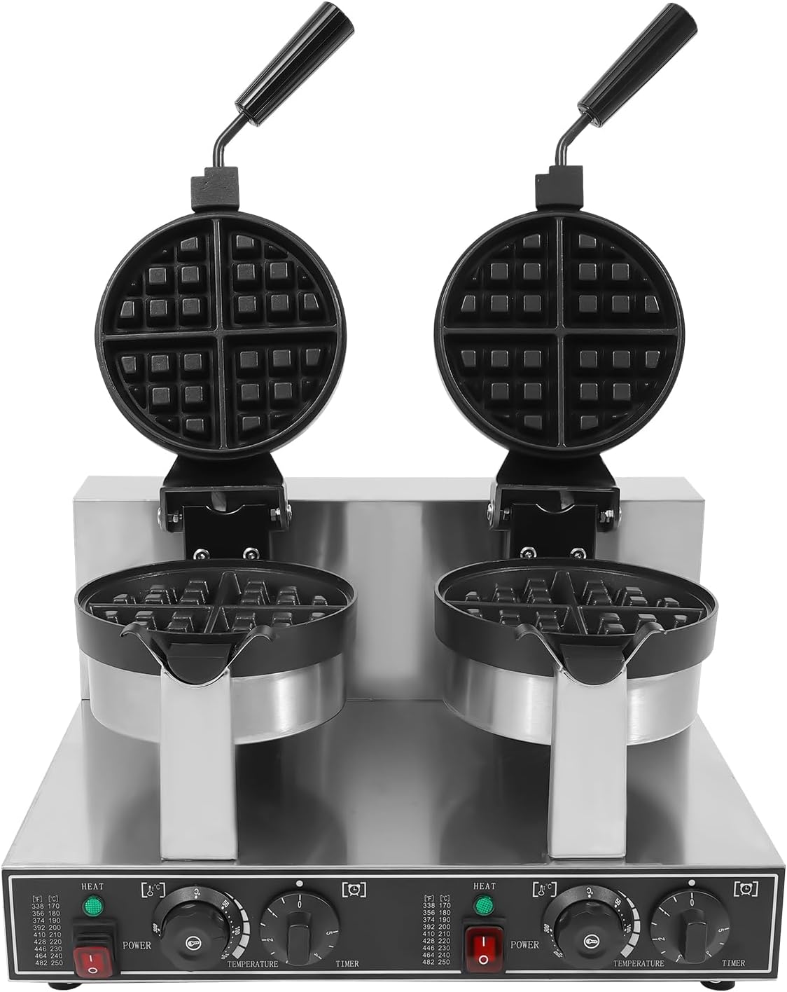 Waffle Maker Double Heads Waffle Iron Machine 2400W 110V Wafer Making Machine Stainless Steel Chaffle Maker with 180° Rotatable Handle Temperature and Time Control