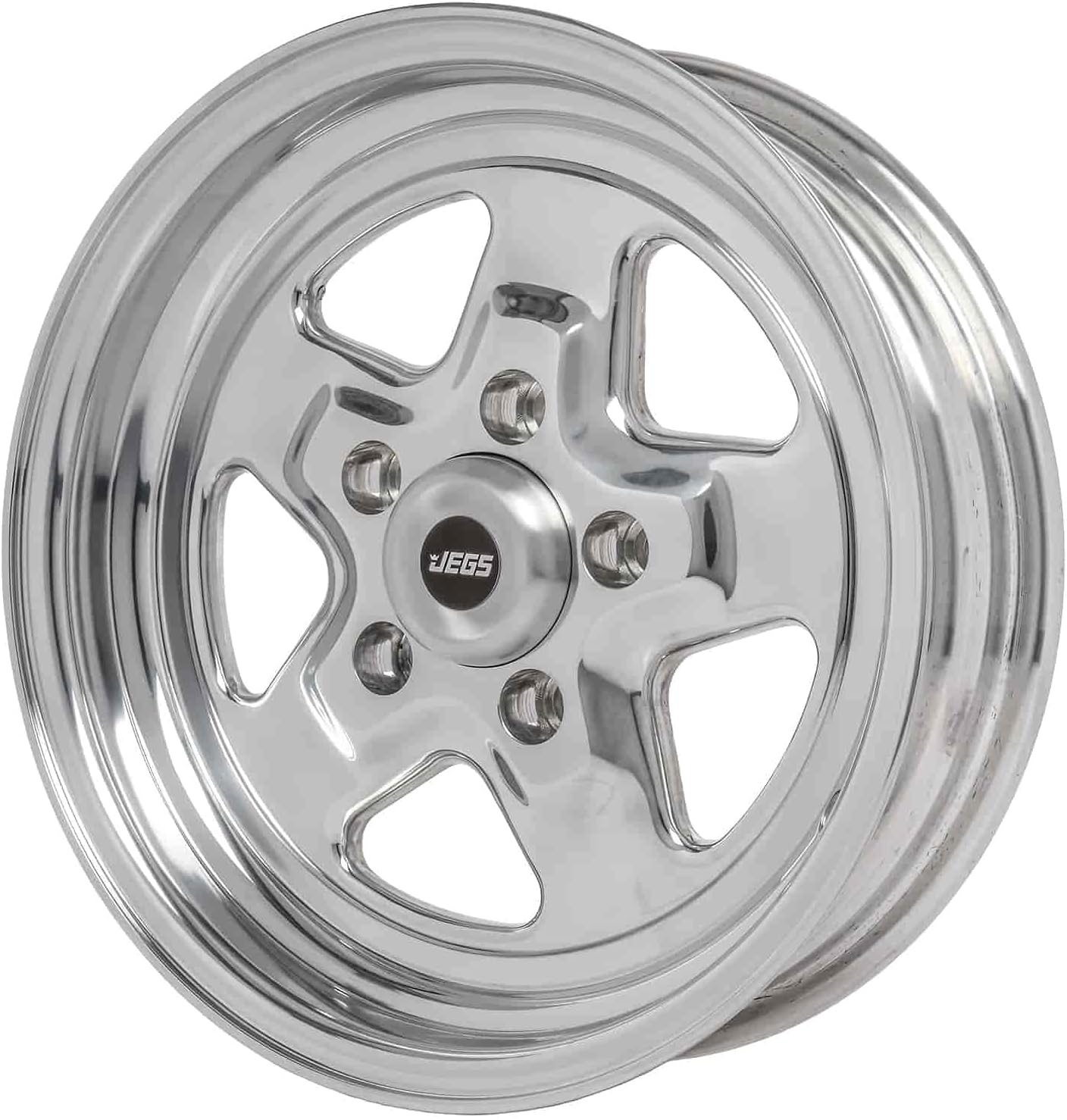 JEGS Sport Star Aluminum Wheel 15” x 4” | 5 x 4.75” Wheel Bolt Pattern Spacing | -19 mm Offset | 1.75” Backspacing | Polished Finish | 3.27” Center Bore | Includes Center Cap