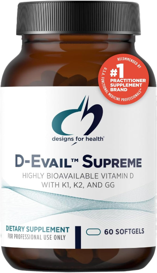 Designs for Health D-Evail Supreme - 5,000 IU Vitamin D3 Supplement with VIT K (K1, K2 as MK-4) + GG - Bone, Cardiovascular + Immune Support - Improved Bioavailability (60 Softgels)