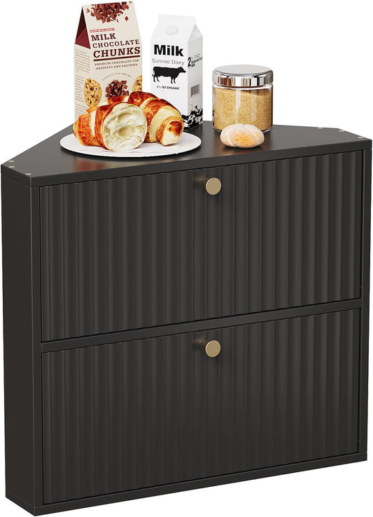 Trironsun Corner Bread Box for Kitchen Countertop Bamboo Two Layer Large Capacity Bread Storage Bin Vintage Storage for Homemade Bread (Black)