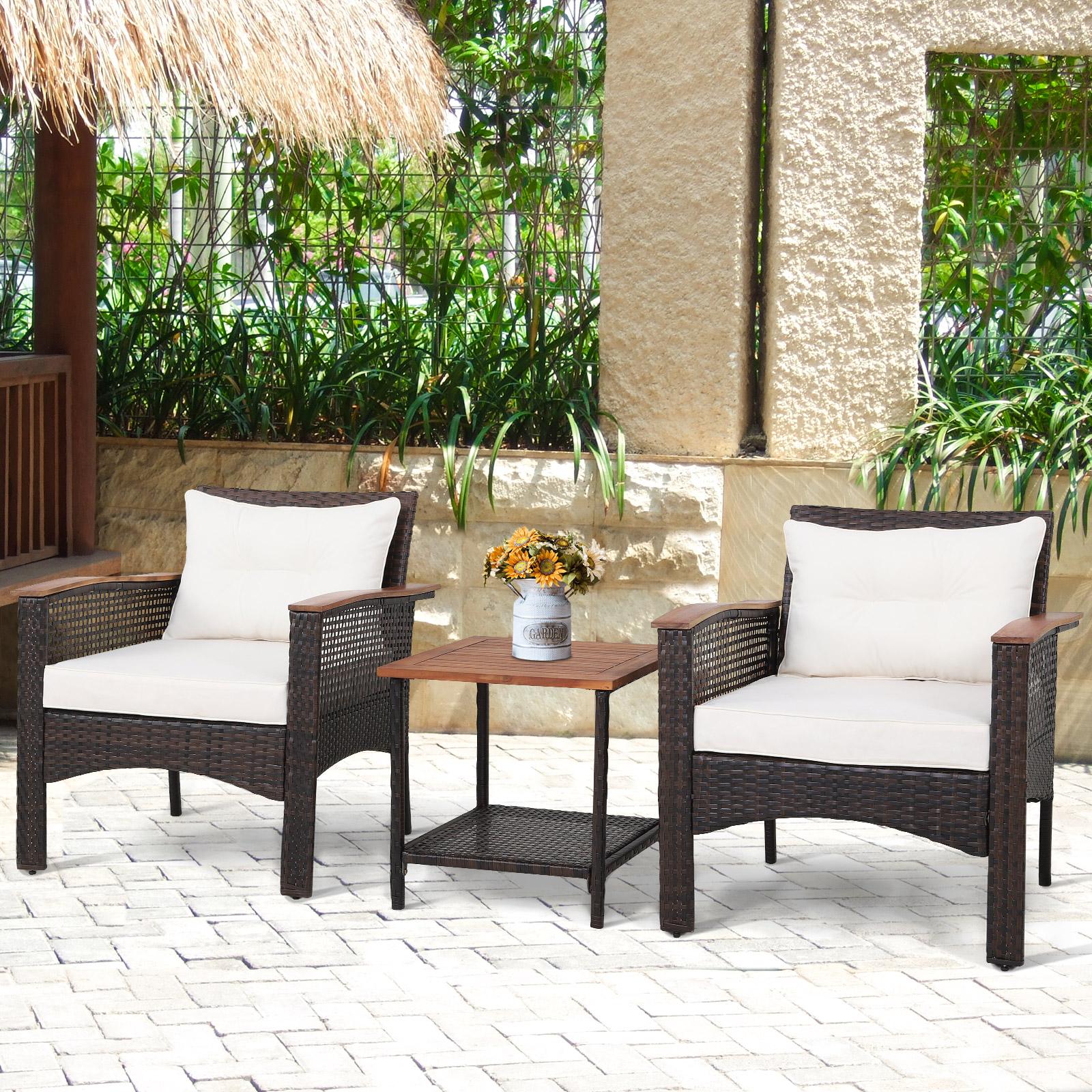 BABOOM 3 -Piece Rattan Patio Conversation Set with Off-white Cushions