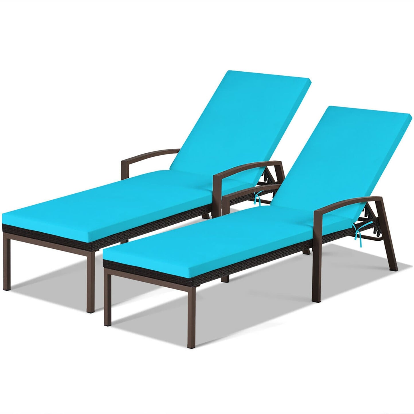 Forclover Set of 2 Rattan Black Steel Frame Stationary Chaise Lounge Chair with Blue Cushioned Seat