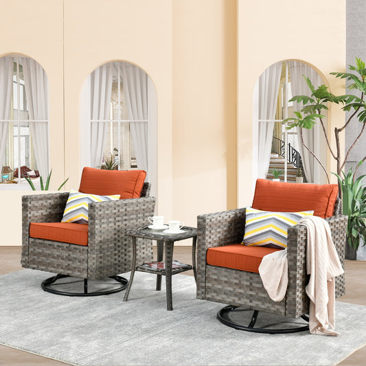 Ovios Shine Set of 2 Rattan Gray Swivel rocker Rocking Chair with Orange Cushioned Seat