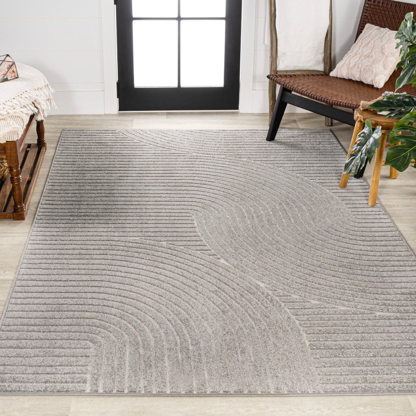 JONATHAN  Y SCANDINAVIAN Hallie High-Low Minimalist Curve 9 x 12 (ft) Loomed Gray/Ivory Rectangular Indoor/Outdoor Geometric Mid-Century Modern Pet Friendly Area rug