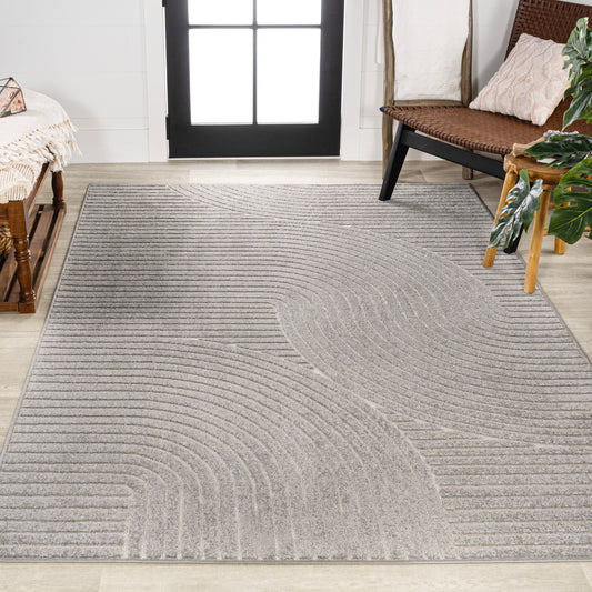 JONATHAN  Y SCANDINAVIAN Hallie High-Low Minimalist Curve 9 x 12 (ft) Loomed Gray/Ivory Rectangular Indoor/Outdoor Geometric Mid-Century Modern Pet Friendly Area rug