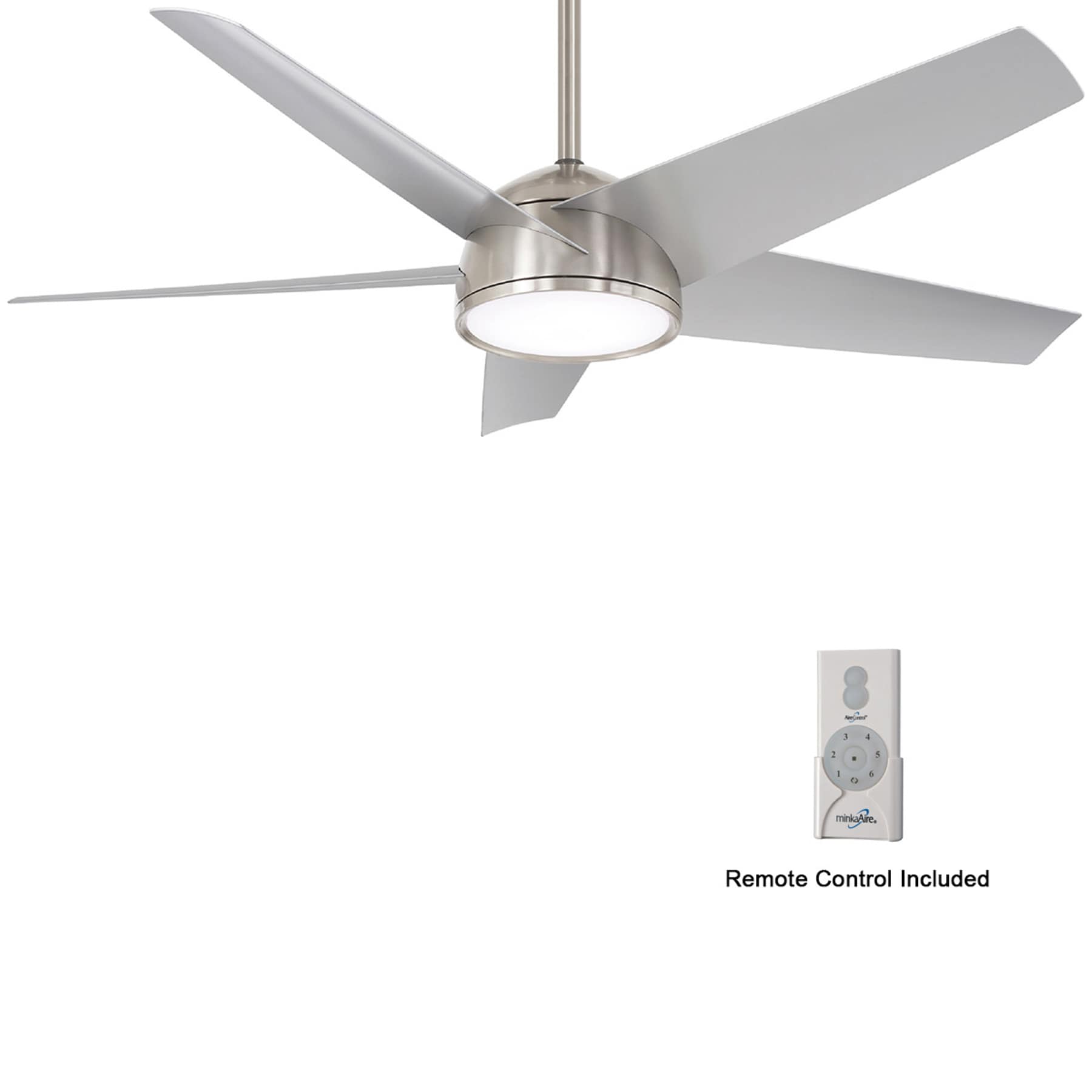 Minka Aire Chubby 58-in Brushed Nickel Wet with Silver Blades Integrated LED Indoor/Outdoor Smart Ceiling Fan with Light and Remote (5-Blade) F781L-BNW