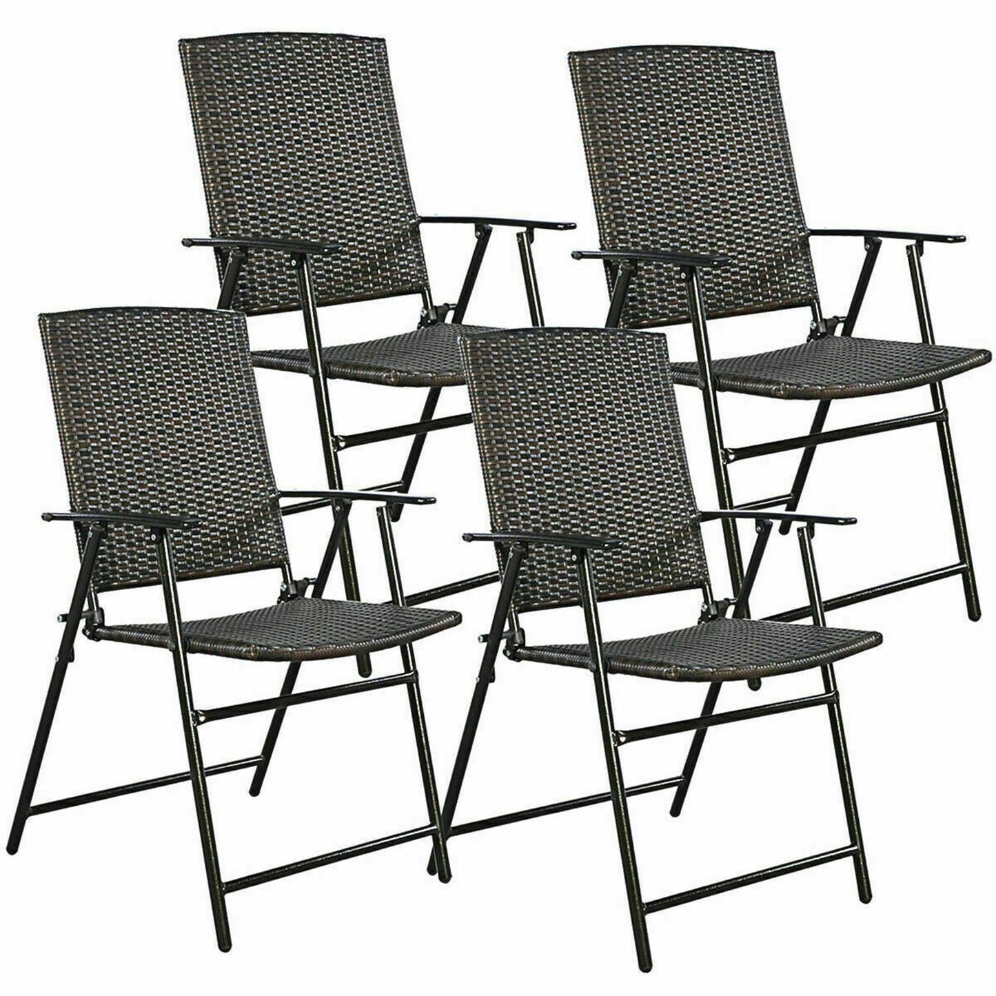 WELLFOR Set of 4 Rattan Black Steel Frame Stationary Conversation Chair with Brown Woven Seat
