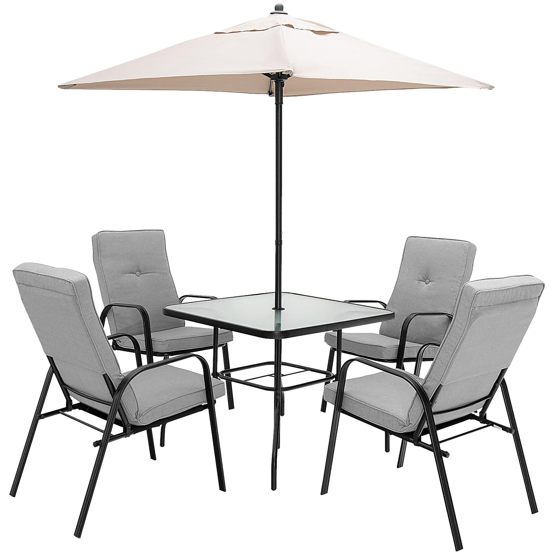 Costway 6 -Piece Black Patio Dining Set Steel Rectangle Table with 4 Gray Cushions Stackable Stationary Chairs and Umbrella Included
