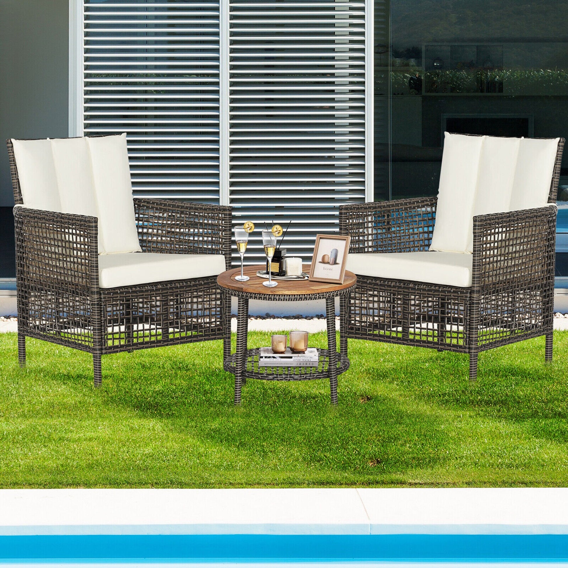 Clihome 3 -Piece Rattan Patio Conversation Set with White polyester Cushions