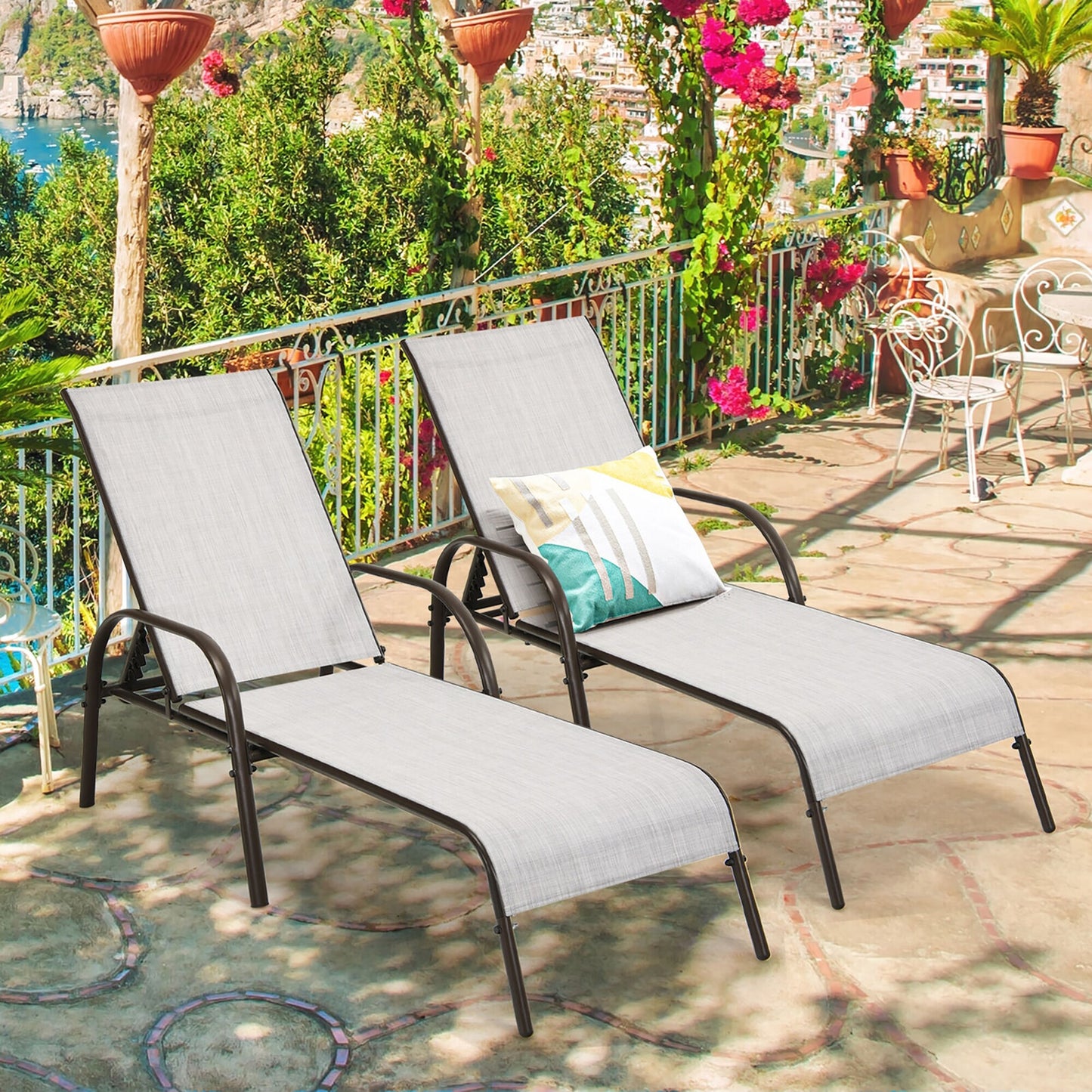 BABOOM Patio Lounge Chair with Adjustable Reclining Armrest Set of 2 Brown Steel Frame Stationary Chaise Lounge Chair with Gray Sling Seat