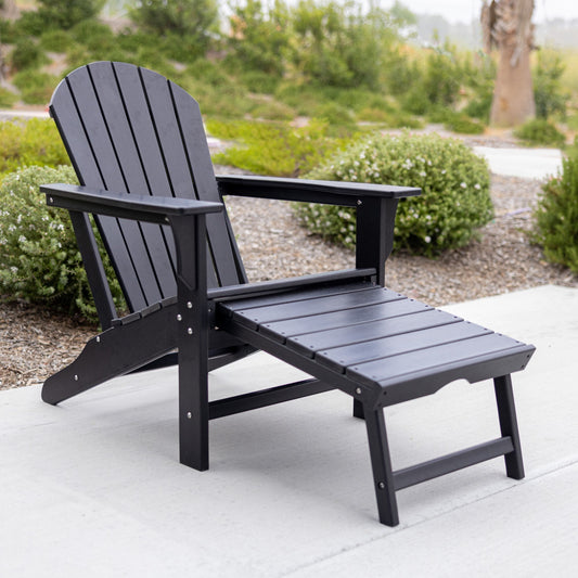 LuXeo Hampton Black HDPE Frame Stationary Adirondack Chair with Solid Seat