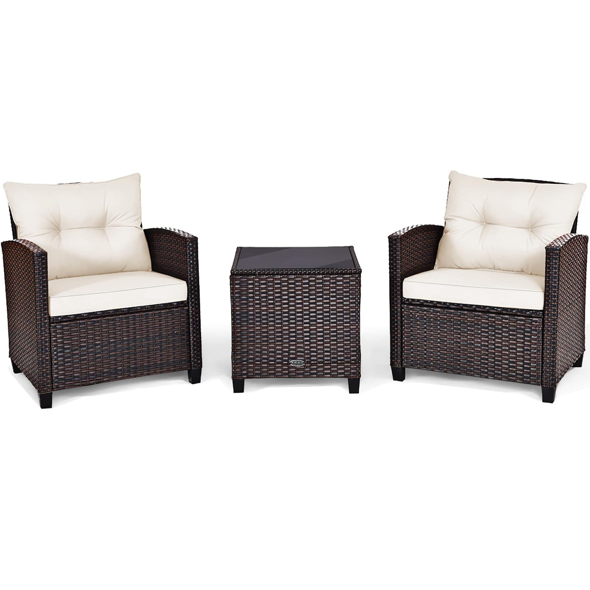 Forclover 3 -Piece Rattan Patio Conversation Set with White Cushions