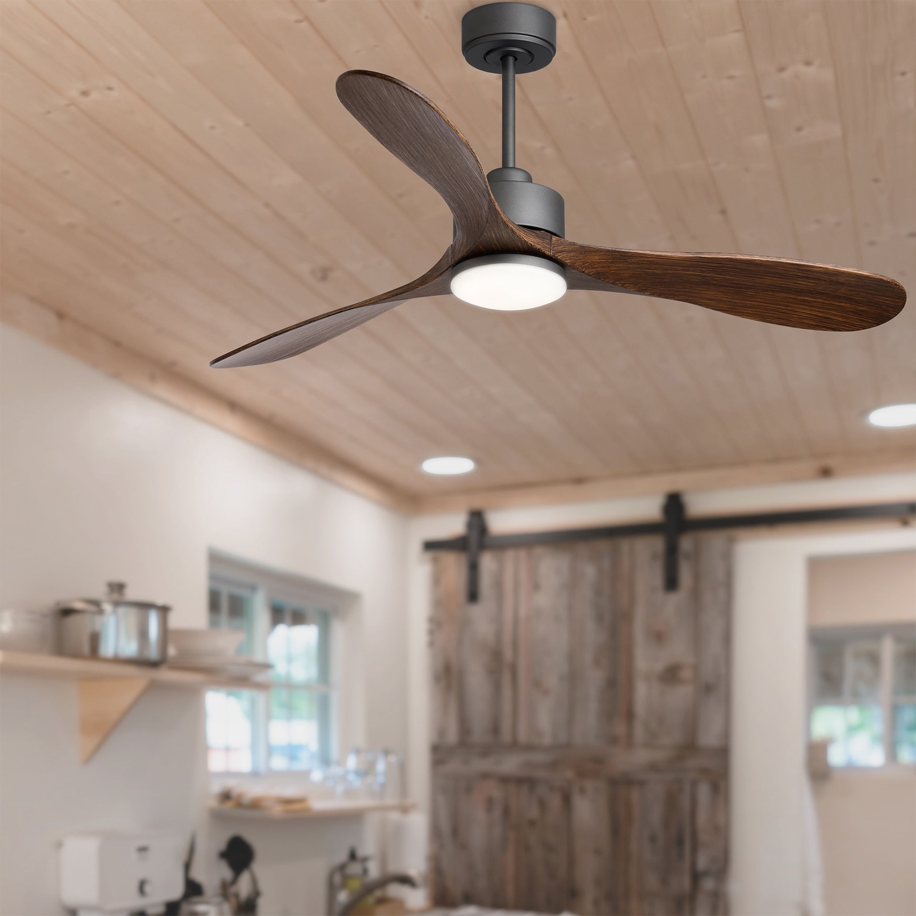 WELLFOR Smart WIFI Control Dimmable Ceiling Fan 52-in Jet Black with Dark Wood Blades LED Indoor Smart Ceiling Fan with Light and Remote (3-Blade) GYH28-1059-3WH