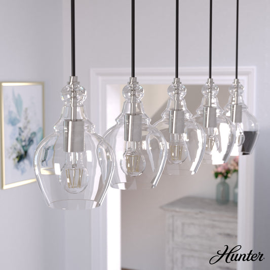 Hunter Maple Park 5 -Light Brushed Nickel Transitional Clear glass Linear Large Hanging Kitchen island light 5281544