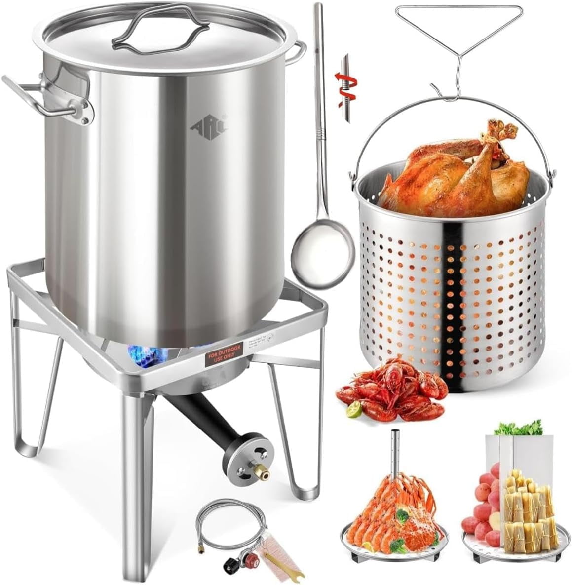 64QT Stainless Steel Pot with 200,000 BTU Propane Burner and 36" Large Spoon-Seafood Boil Pot, Crab Boil Pot, Lobster Pot, Shrimp Boil Pot, Tamale Steamer Pot with Basket and Turkey Fryer Burner
