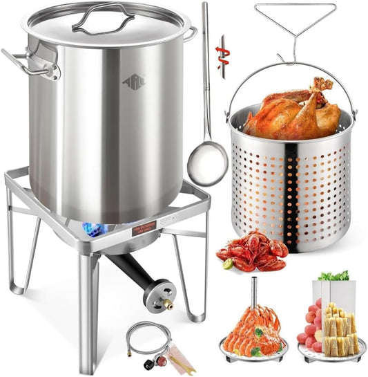 64QT Stainless Steel Pot with 200,000 BTU Propane Burner and 36" Large Spoon-Seafood Boil Pot, Crab Boil Pot, Lobster Pot, Shrimp Boil Pot, Tamale Steamer Pot with Basket and Turkey Fryer Burner