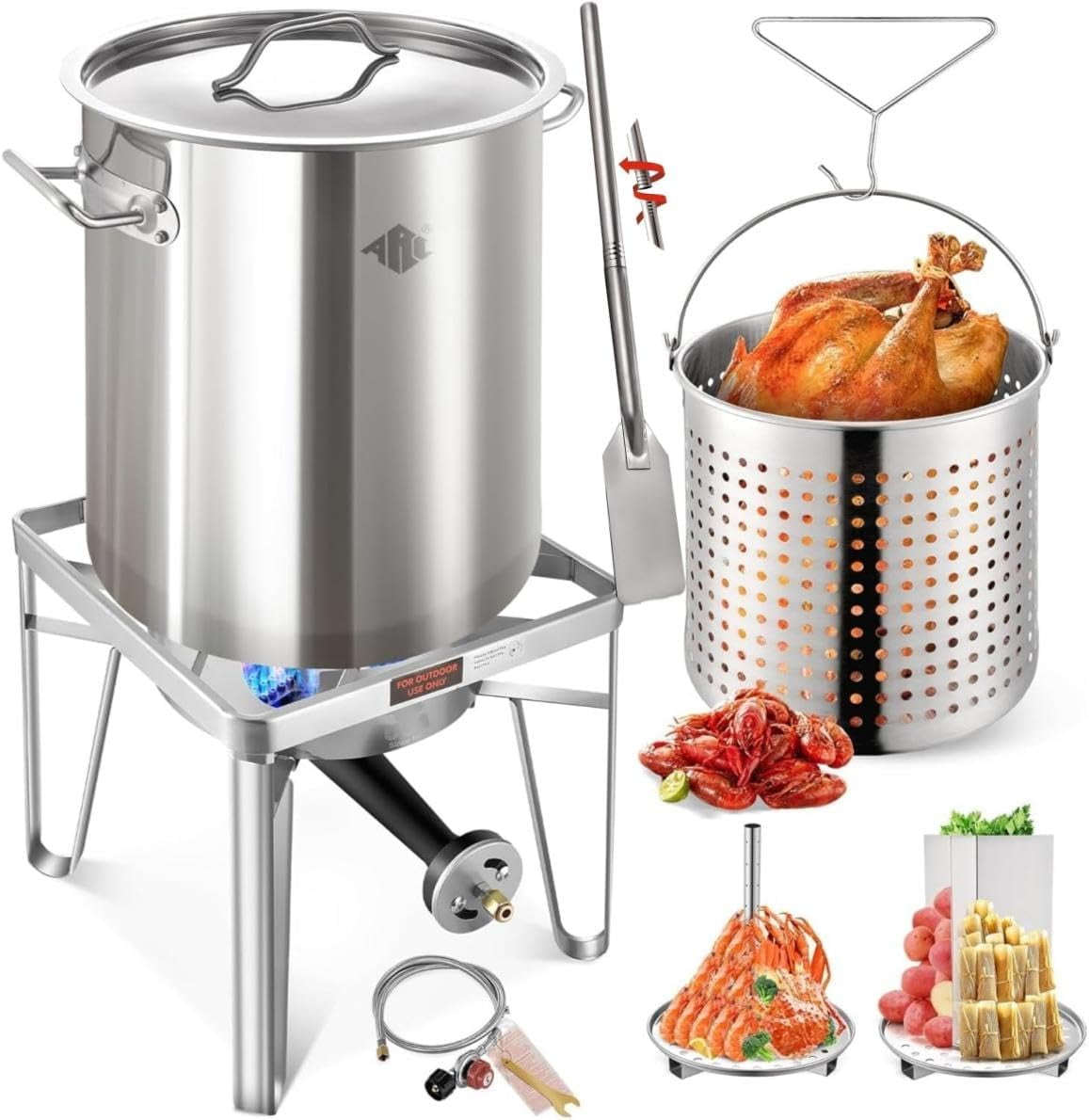 64QT Stainless Steel Pot with 200,000 BTU Propane Burner and 36" Mixing Paddle-Seafood Boil Pot, Crab Boil Pot, Lobster Pot, Shrimp Boil Pot, Tamale Steamer Pot with Basket and Turkey Fryer Burner