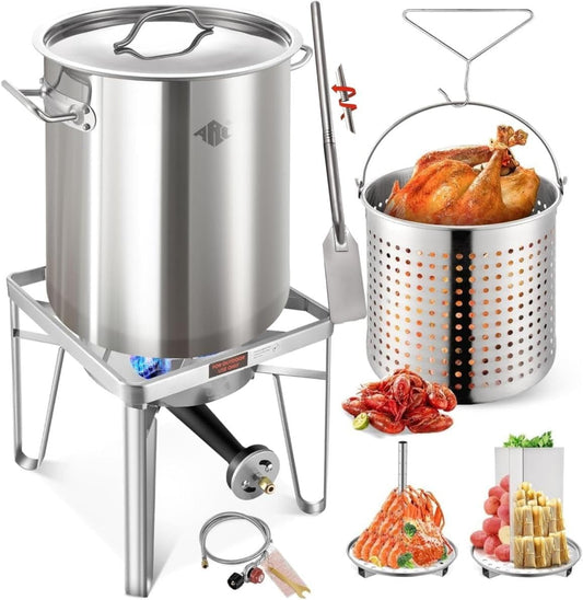 64QT Stainless Steel Pot with 200,000 BTU Propane Burner and 36" Mixing Paddle-Seafood Boil Pot, Crab Boil Pot, Lobster Pot, Shrimp Boil Pot, Tamale Steamer Pot with Basket and Turkey Fryer Burner