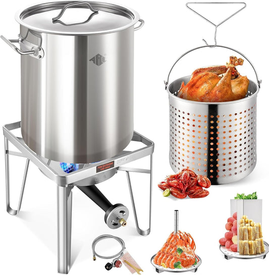 64QT Stainless Steel Pot with 200,000 BTU Propane Burner - Seafood Boil Pot, Crab Boil Pot, Lobster Pot, Shrimp Boil Pot, Tamale Steamer Pot with Basket and Turkey Fryer Burner