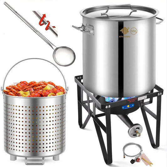 64QT Stainless Steel Seafood Boil Pot with 200,000BTU Propane Burner and 36'' Large Spoon, Heavy Duty Propane Burner For Outdoor Cooking Turkey Fryer, Crawfish Boil, Homebrewing