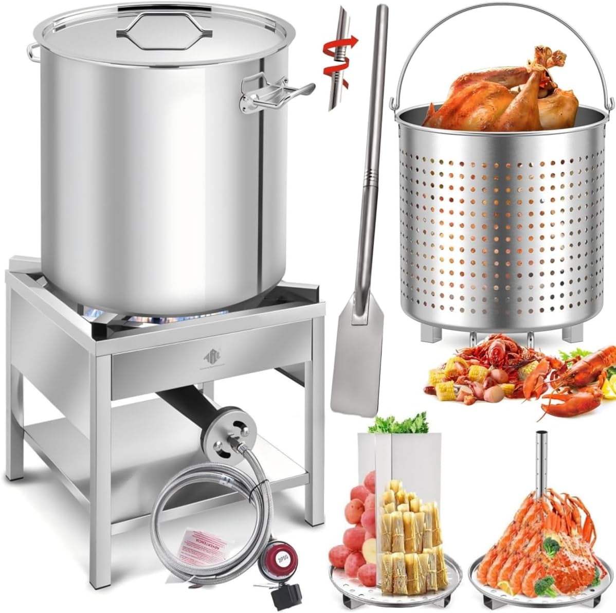 64QT Stainless Steel Seafood Boiling Kit, 200,000BTU Propane Burner and 36" Mixing Paddle, Crawfish Boil Pot for Outdoors Cooking and Steaming, Large Turkey Fryer Pot, Lobster Shrimp Pot