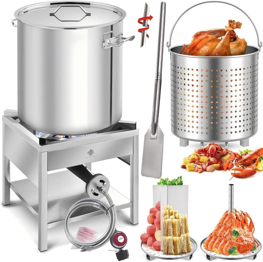 64QT Stainless Steel Seafood Boiling Kit, 200,000BTU Propane Burner and 36" Mixing Paddle, Crawfish Boil Pot for Outdoors Cooking and Steaming, Large Turkey Fryer Pot, Lobster Shrimp Pot