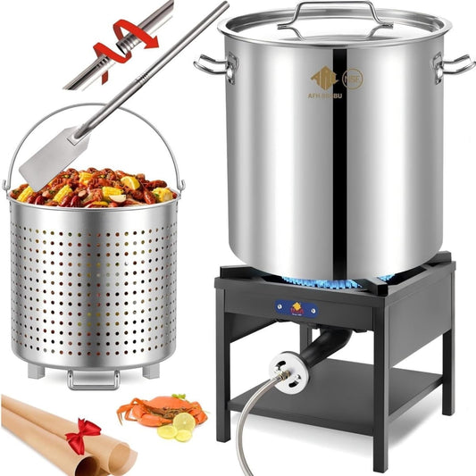 64QT Stainless Steel Seafood Boiling Turkey Fryer Kit with Strainer and Propane Stove with 200,000BTU and 36" Mixing Paddle (Stockpot+Stove+Mixing Paddle)