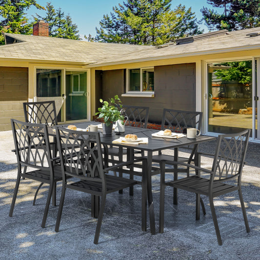 Nuu Garden Patio Dining Sets 7 -Piece Black Patio Dining Set Iron Rectangle Table with 6 Stackable Stationary Chairs