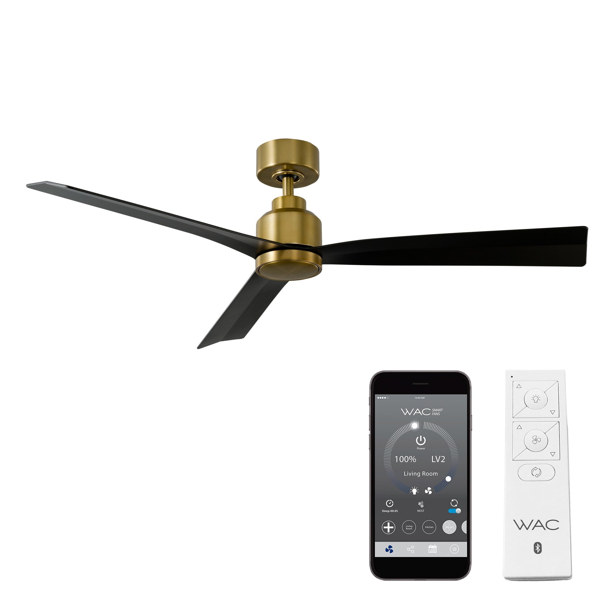 WAC Lighting Clean 52-in Soft Brass with Matte Black Blades Integrated LED Indoor/Outdoor Smart Ceiling Fan and Remote (3-Blade) F-003-SB/MB