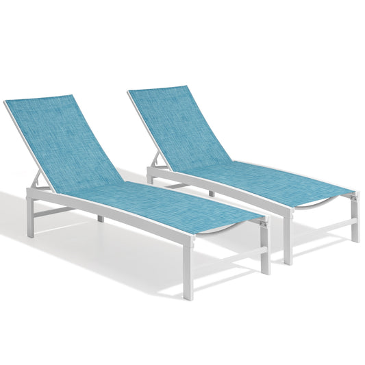 Crestlive Products Outdoor Patio Adjustable Chaise Lounge Chair Set of 2 Brown Aluminum Frame Stationary Chaise Lounge Chair with Blue Textilene Mesh Seat