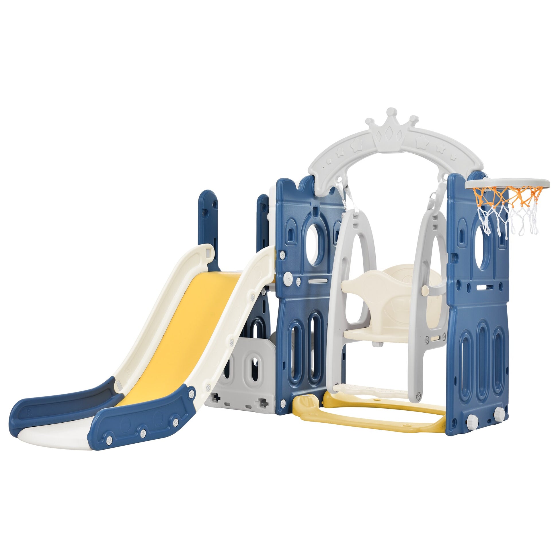 Maocao Hoom Blue 5 in 1 Kids Freestanding Playground Climber Slide Playset with Basketball Hoop, Toddler Slide and Swing