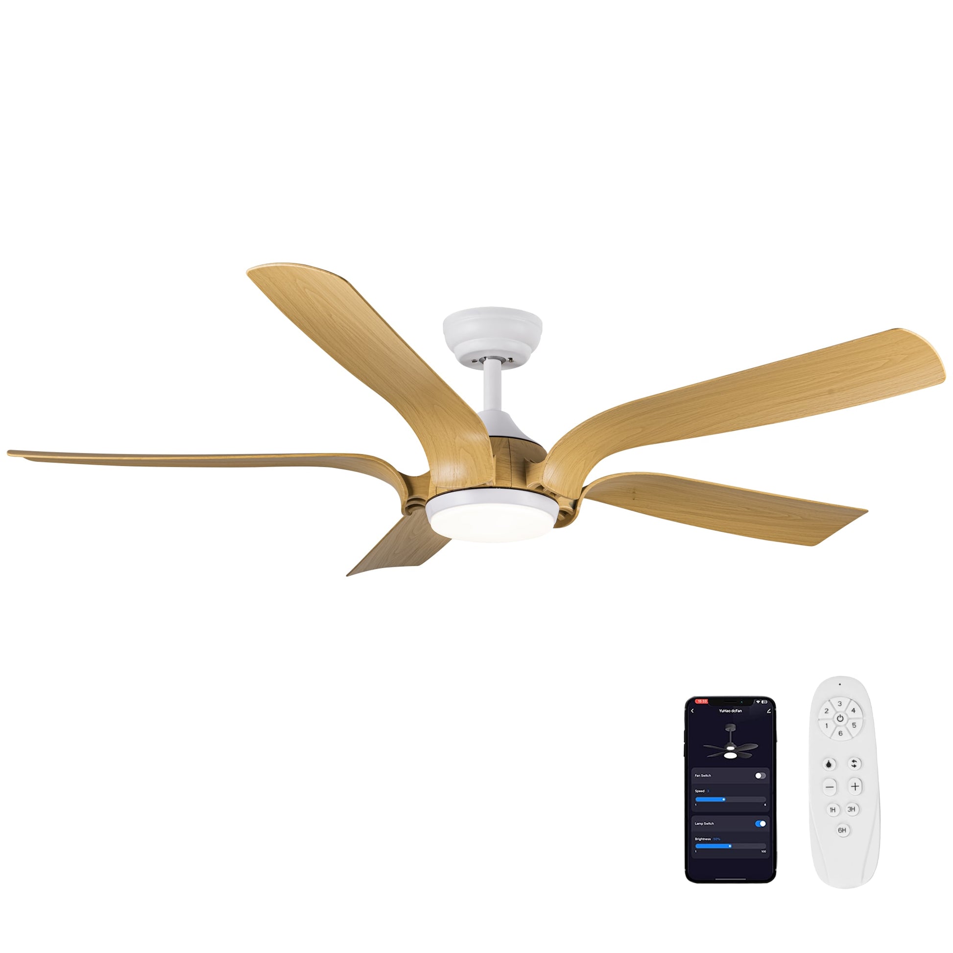 WELLFOR Smart Dimmable Multi LED Ceiling Fan 56-in Gray with Antique Yellow Blades Color-changing Integrated LED Indoor/Outdoor Smart Ceiling Fan with Light and Remote (6-Blade) AMYU-12WH