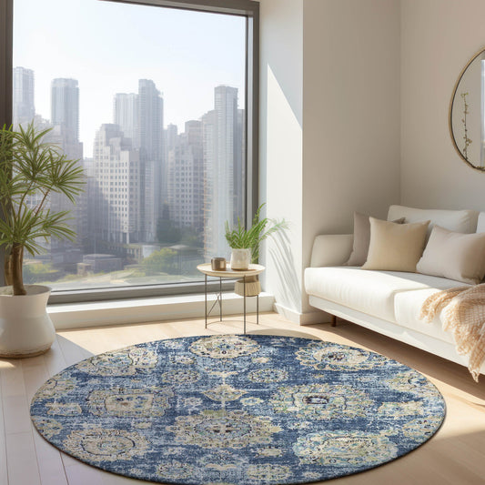 Addison Rugs Chantille ACN634BU 8 x 8 (ft) Blue Round Indoor/Outdoor Geometric Machine washable Area rug