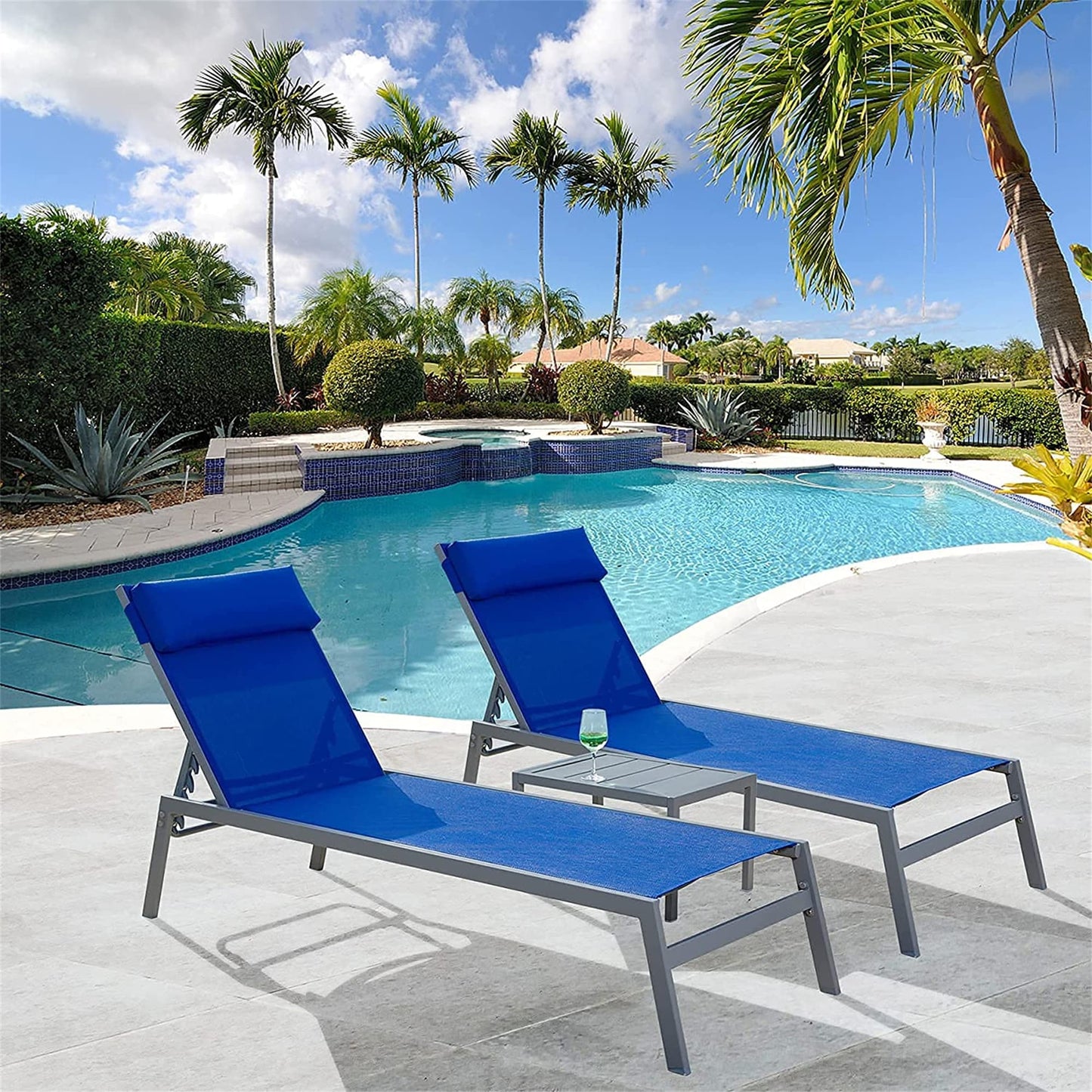 Damerin PatioÂ Chairs Set of 2 Blue Steel Frame Stationary Chaise lounge Chair with Blue Mesh Seat