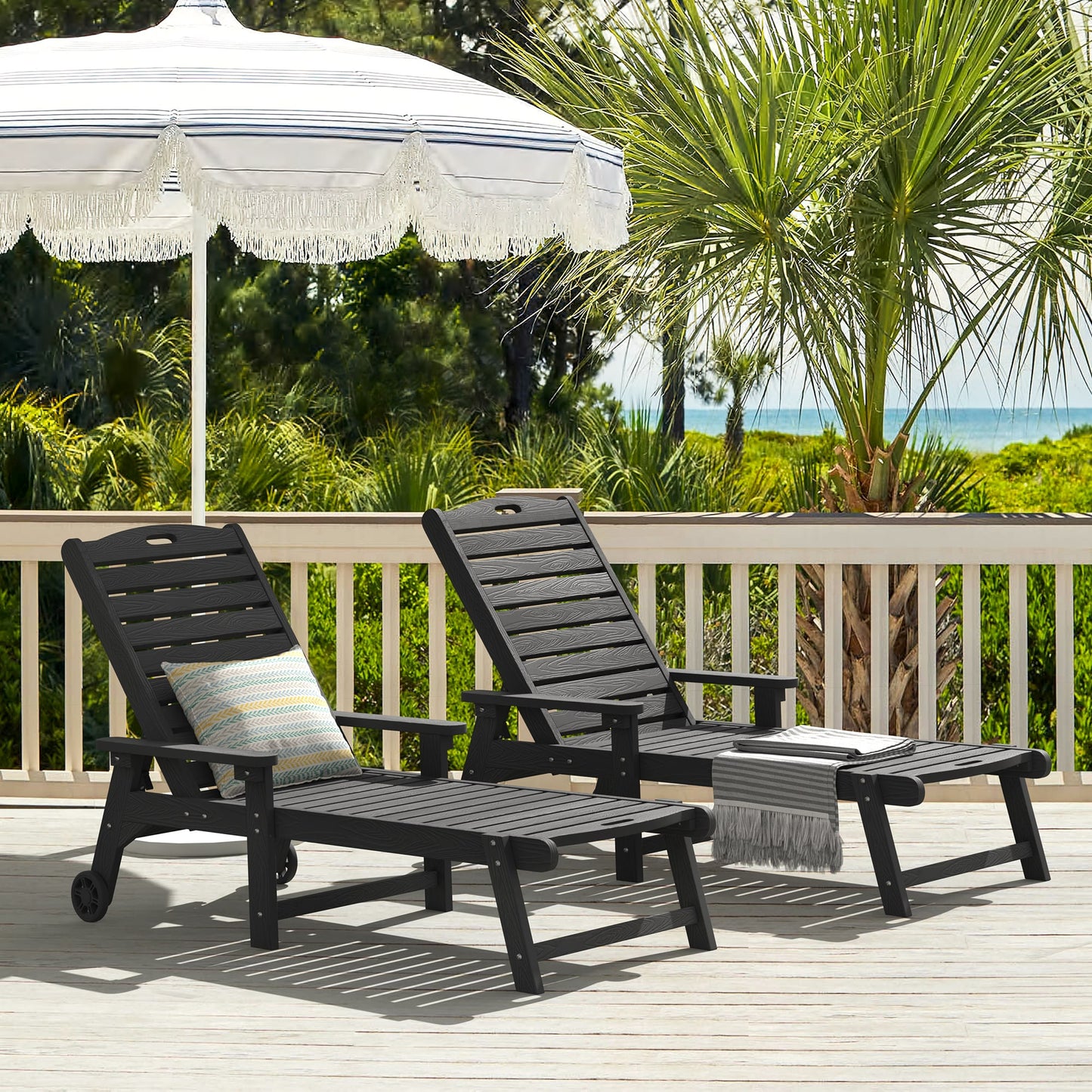 Yurevna 5-Position Chaise Lounge Set of 2 Black Polyethylene Frame Stationary Chaise Lounge Chair with Slat Seat