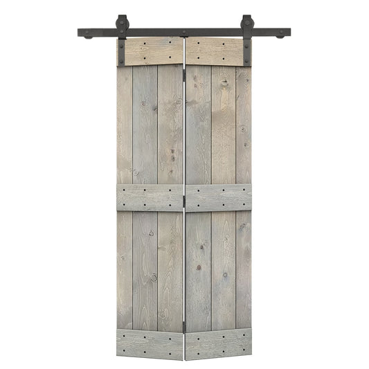 CALHOME 32-in x 84-in Smoke Gray Mid-Bar Pine Wood Solid core Single bifold Barn Door (Hardware Included)
