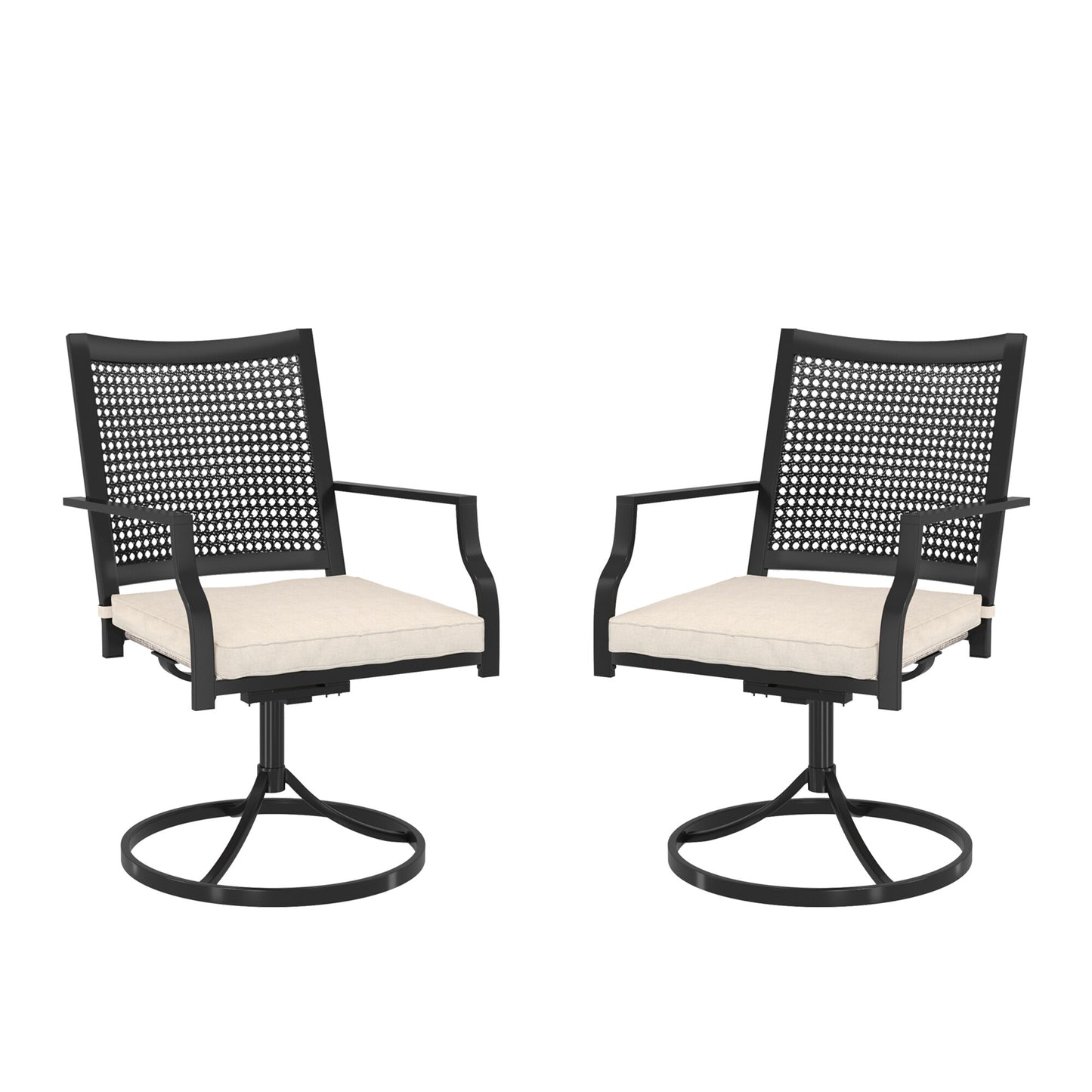 Clihome Set of 2 Textilene Iron Dining Swivel Chairs with Cushion Set of 2 Woven Black Iron Frame Swivel Dining Chair with Off-white Cushioned Seat
