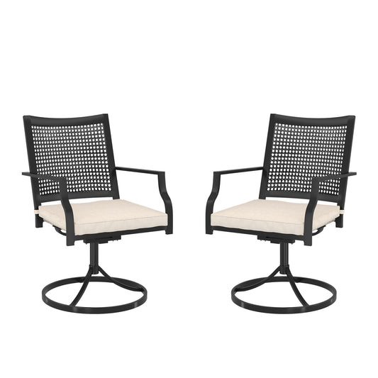 Clihome Set of 2 Textilene Iron Dining Swivel Chairs with Cushion Set of 2 Woven Black Iron Frame Swivel Dining Chair with Off-white Cushioned Seat